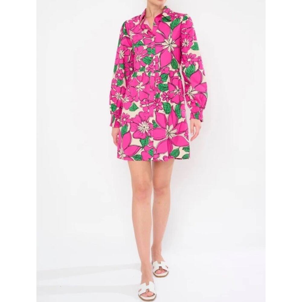 Flora Bea NYC Tinsley Long Sleeve Shirt Dress Mini Pink Floral Women's Size XL